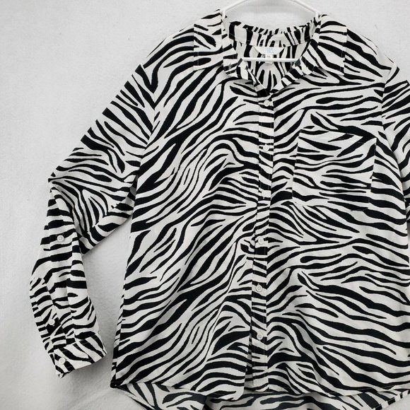 TIME AND TRU Shirt Women's Long Roll-Tab Sleeves Zebra Pattern White Black 2XL - Picture 4 of 12